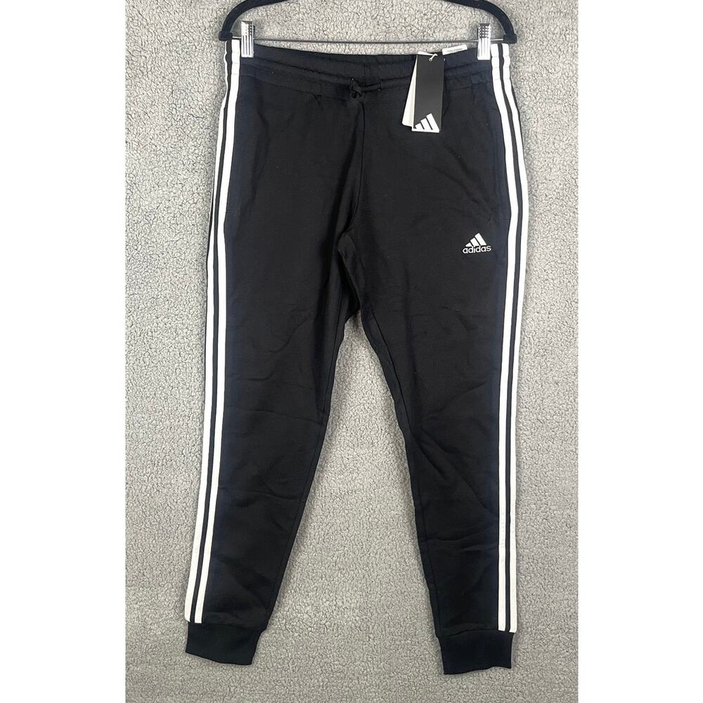 Adidas Women's Medium Black White Essentials 3-Stripes French Terry Cuffed Pants